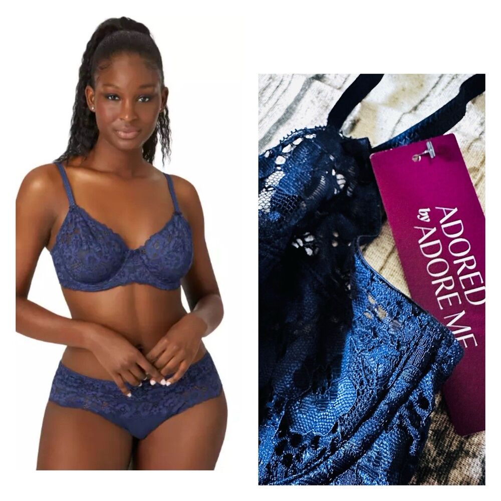 Adored By Adore Me  Women's Chelsey Unlined Underwire Bra Lace Navy Blue 32B NWT